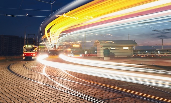 Tram track at night