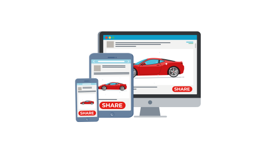 Ilustração de uma campanha de promoção de carros em diferentes plataformas on-line: Celular, tablet e destkop